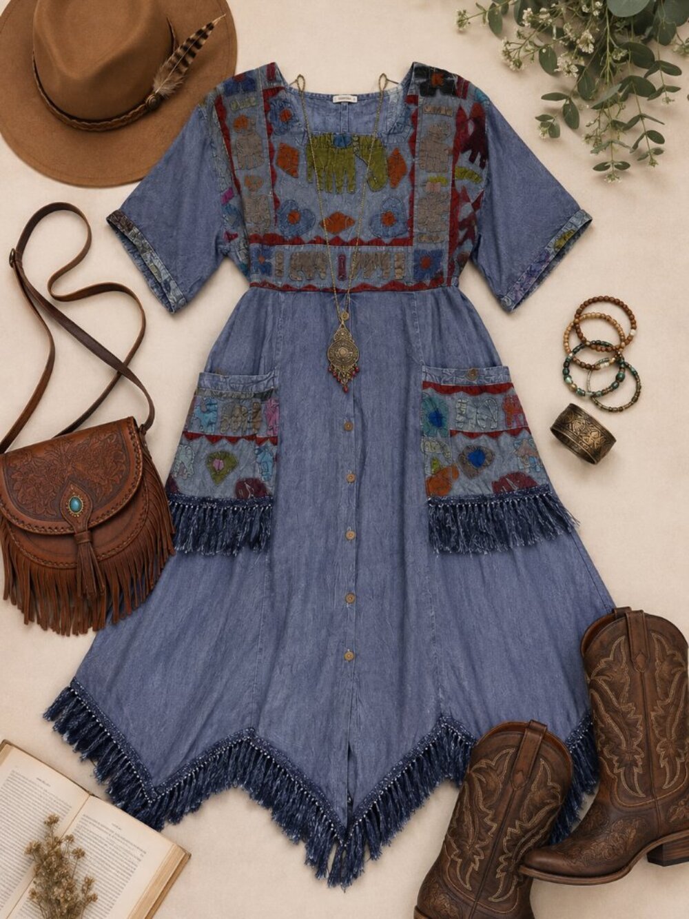 Vintage Encounter Plus Size Rayon Elephant Fringe Midi Dress Made in India